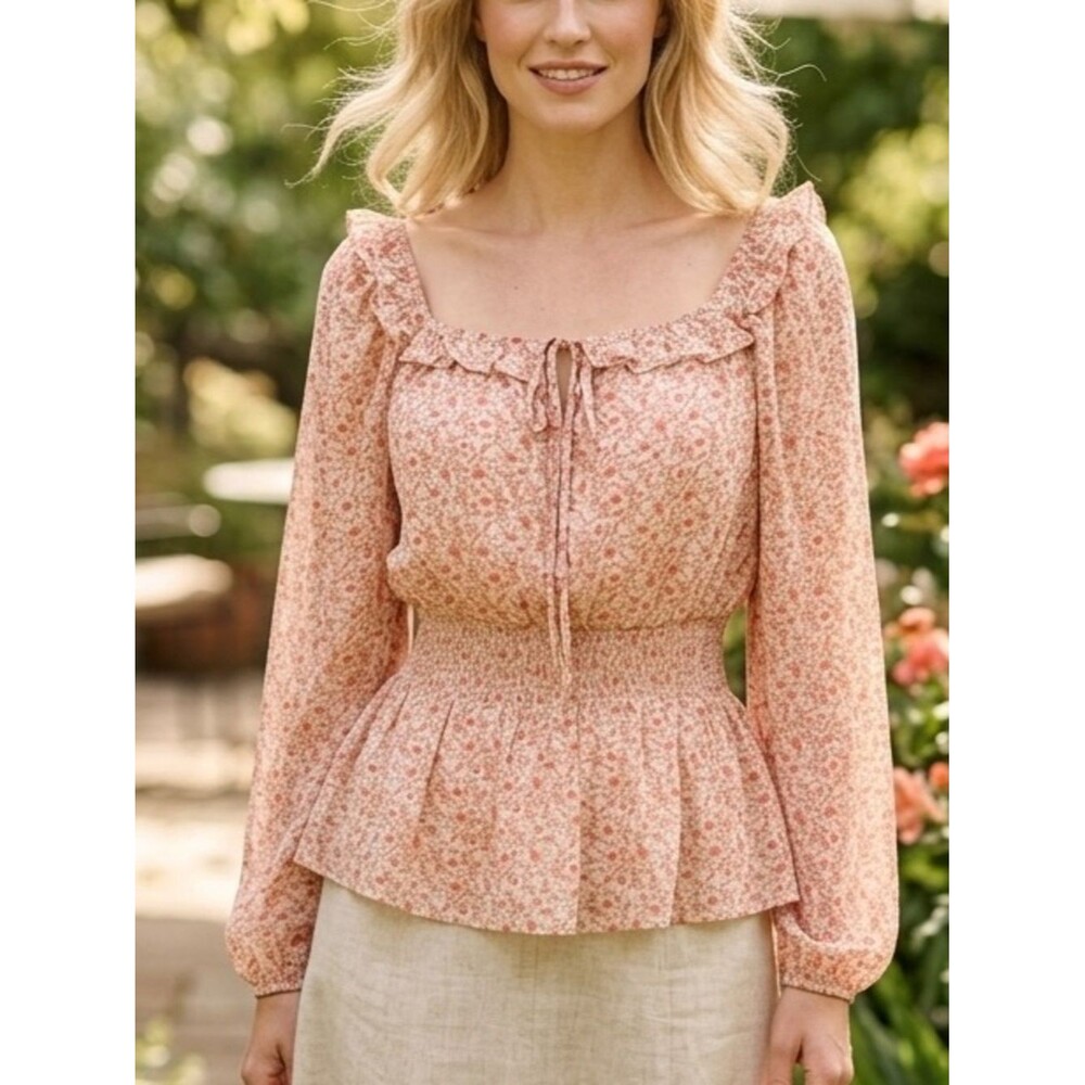 NWT Smocked Waist Salmon Floral Peasant Blouse sz SMALL